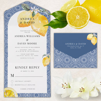 Blue Mediterranean Italian Tile & Lemon Wedding All In One Invitation by LovelyVibeZ at Zazzle