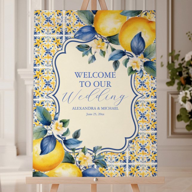 Blue Mediterranean Italian Tile & Lemon Wedding Foam Board (Creator Uploaded)