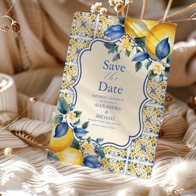 Blue Mediterranean Italian Tile & Lemon Wedding Save The Date (Creator Uploaded)