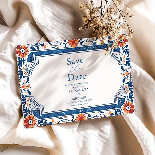 Blue Mediterranean Italian Tile  Wedding Save The Date (Creator Uploaded)