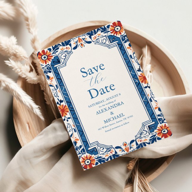 Blue Mediterranean Italian Tile  Wedding Save The Date (Creator Uploaded)