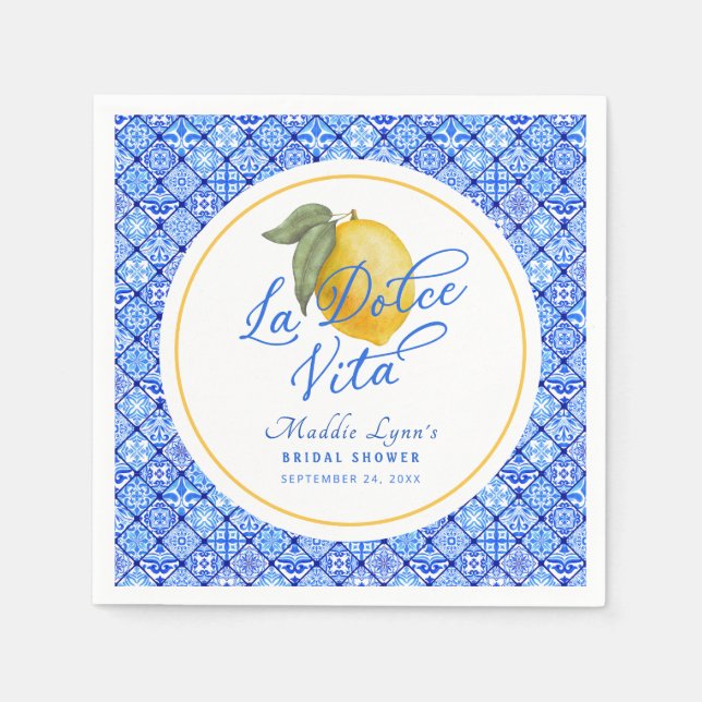 Blue Mediterranean La Dolce Vita Bridal Shower Napkins (Front)