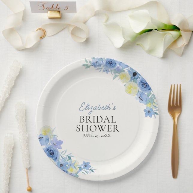Blue Mediterranean Lemon Bridal shower Paper Plates (Wedding)