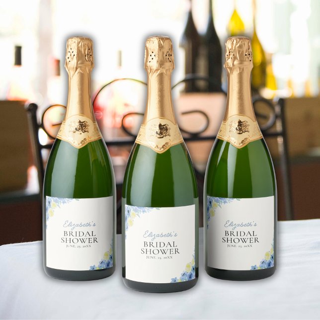 Blue Mediterranean Lemon Bridal shower Sparkling Wine Label (Creator Uploaded)