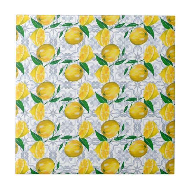 Blue Mediterranean lemon Ceramic Tile (Front)