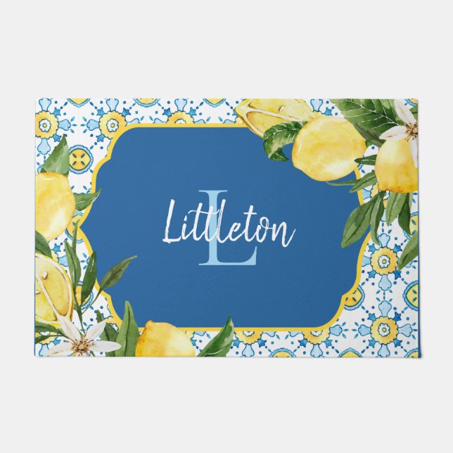 Blue Mediterranean Lemon Monogram Custom New Home Doormat (Front)