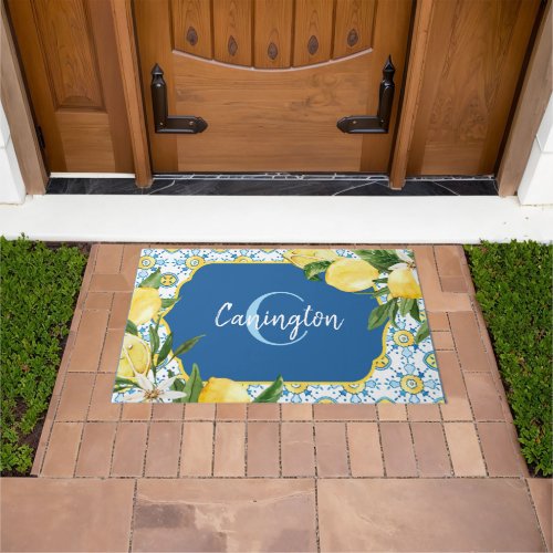 Blue Mediterranean Lemon Monogram Name New Home Doormat