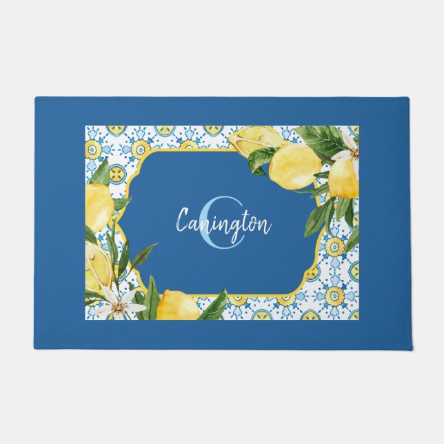 Blue Mediterranean Lemon Name New Home Doormat (Front)