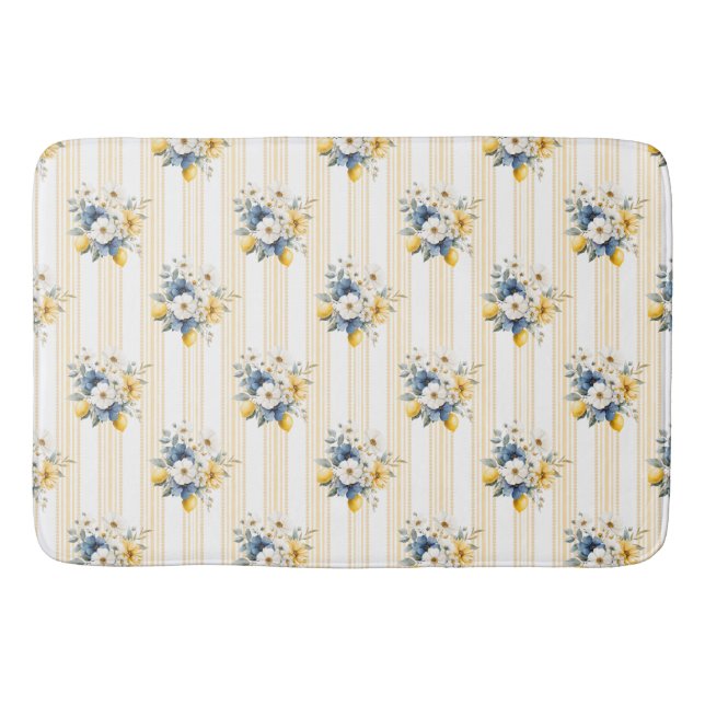 Blue Mediterranean Lemon Pattern Bath Mat (Front)