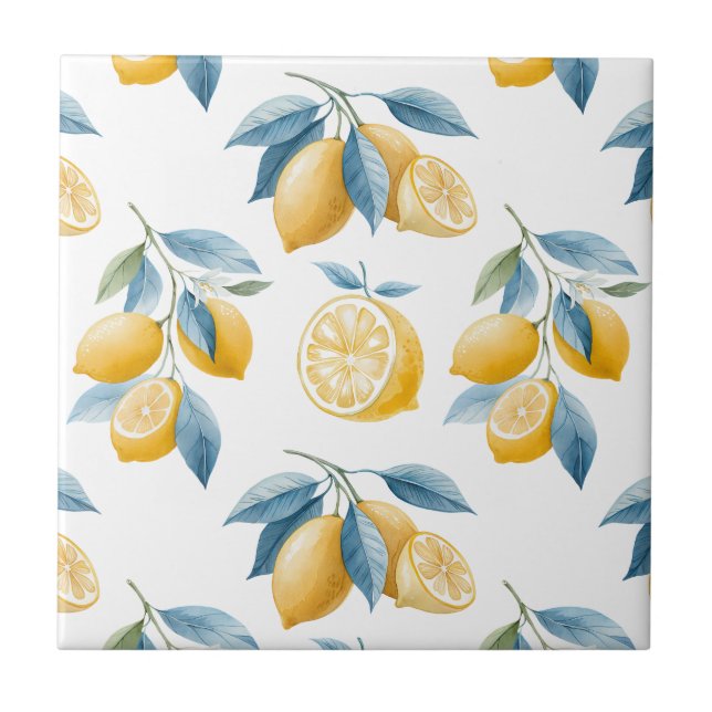 Blue Mediterranean Lemon Pattern  Ceramic Tile (Front)
