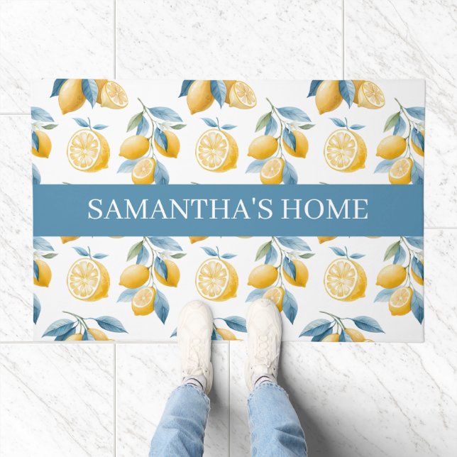 Blue Mediterranean Lemon Pattern Name Doormat (Indoor)