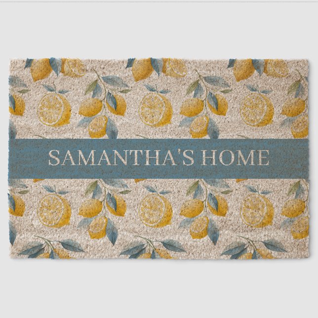 Blue Mediterranean Lemon Pattern Name Fiber Doormat (Front)