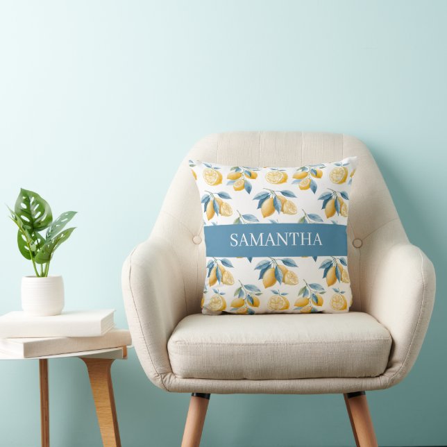 Blue Mediterranean Lemon Pattern Name Throw Pillow (Chair)