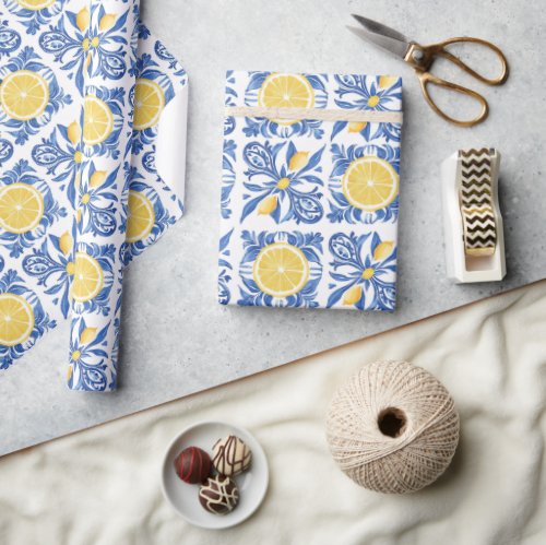 Blue Mediterranean Lemon Pattern Wrapping Paper