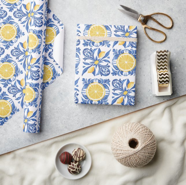 Blue Mediterranean Lemon Pattern Wrapping Paper (Crafts)