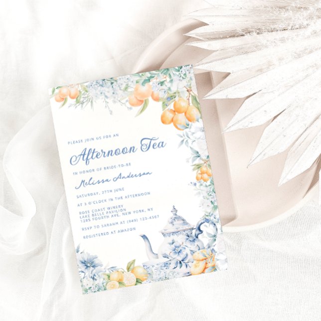 Blue Mediterranean Lemon Tea Party Bridal Shower Invitation (Creator Uploaded)