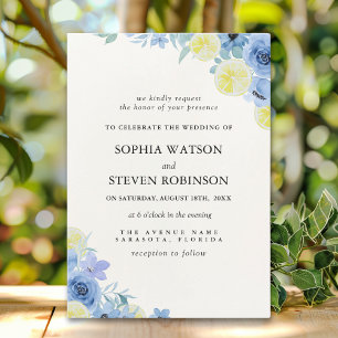 Blue Mediterranean Lemon Wedding Invitation