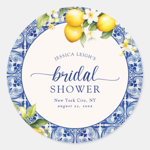 Blue Mediterranean Lemons Bridal Shower Classic Round Sticker