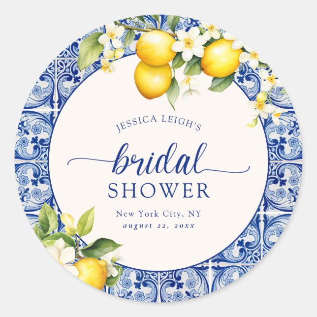 Blue Mediterranean Lemons Bridal Shower Classic Round Sticker (Front)