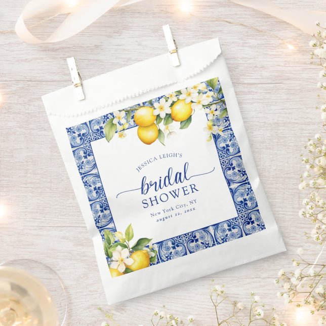 Blue Mediterranean Lemons Bridal Shower Favor Bag (Clipped)