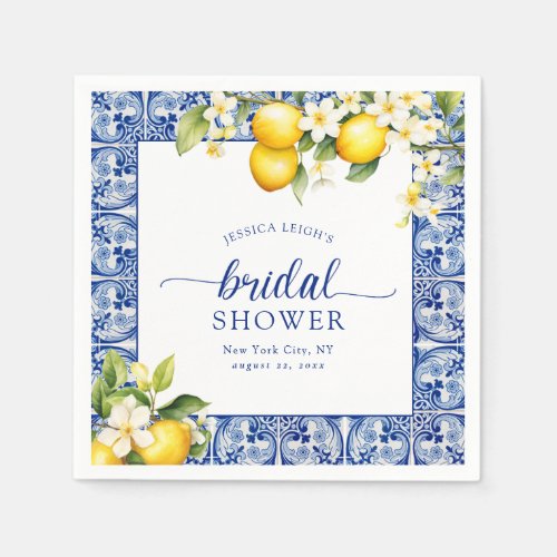 Blue Mediterranean Lemons Bridal Shower Napkins