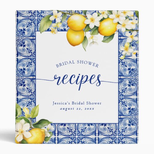 Blue Mediterranean Lemons Bridal Shower Recipes 3 Ring Binder