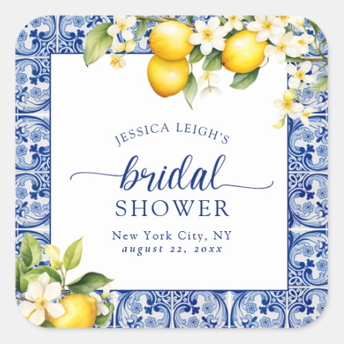 Blue Mediterranean Lemons Bridal Shower Square Sticker