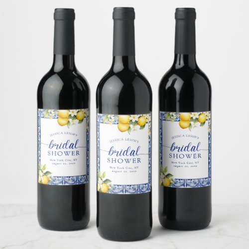 Blue Mediterranean Lemons Bridal Shower Wine Label