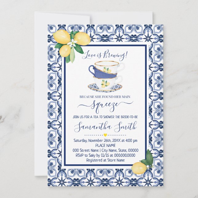 Blue Mediterranean Lemons Tea Bridal Shower Holiday Card (Front)