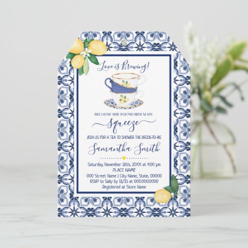 Blue Mediterranean Lemons Tea Bridal Shower Holiday Card
