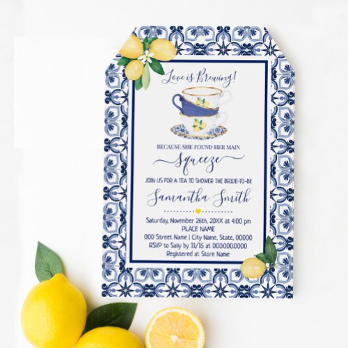 Blue Mediterranean Lemons Tea Bridal Shower Holiday Card