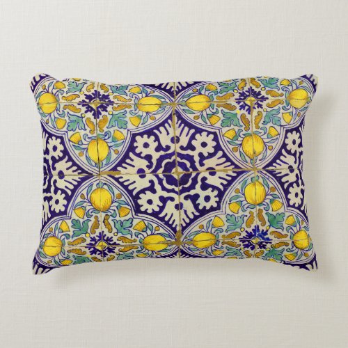 Blue Mediterranean Pattern Yellow Blossoms Accent Pillow