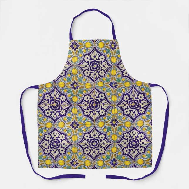 Blue Mediterranean Pattern Yellow Blossoms  Apron (Front)