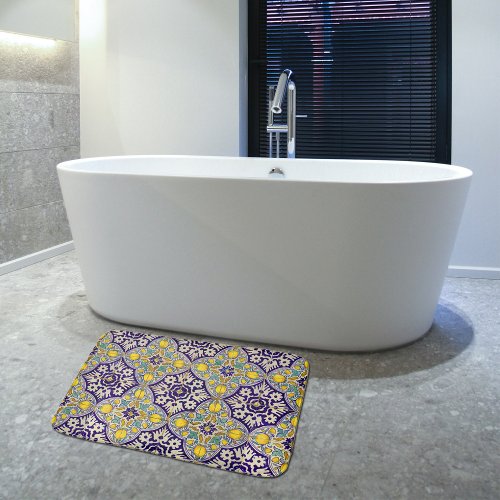 Blue Mediterranean Pattern Yellow Blossoms Bath Mat