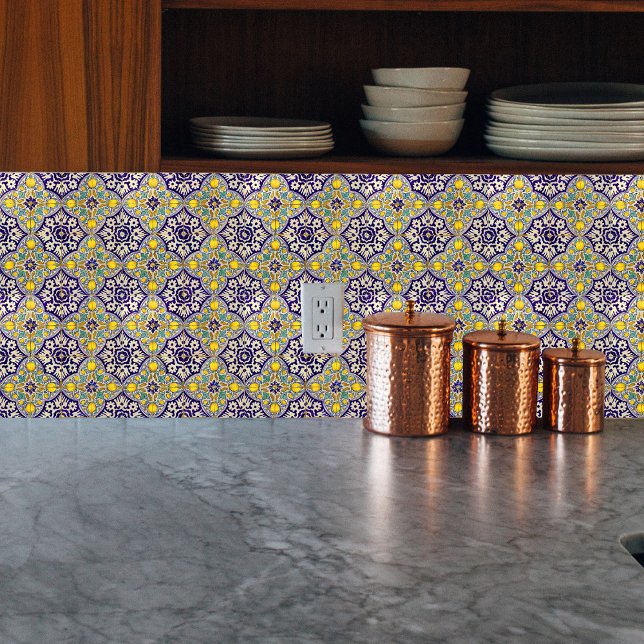 Blue Mediterranean Pattern Yellow Blossoms Ceramic Tile (Creator Uploaded)