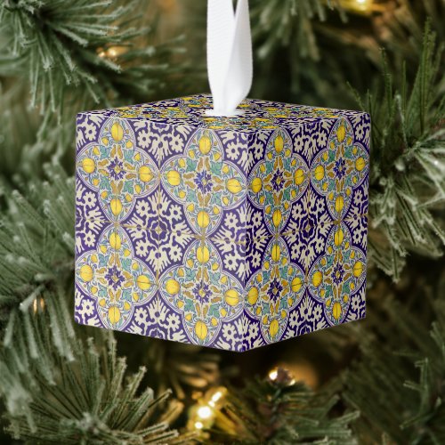 Blue Mediterranean Pattern Yellow Blossoms  Cube Ornament