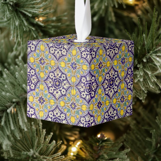 Blue Mediterranean Pattern Yellow Blossoms  Cube Ornament (Tree)