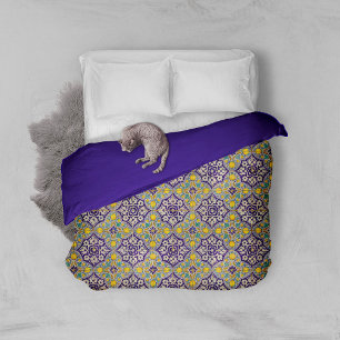 Blue Mediterranean Pattern Yellow Blossoms  Duvet Cover