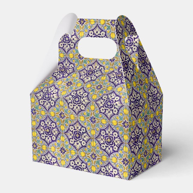 Blue Mediterranean Pattern Yellow Blossoms  Favor Boxes (Front Side)