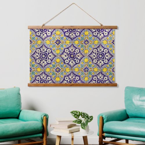 Blue Mediterranean Pattern Yellow Blossoms   Hanging Tapestry