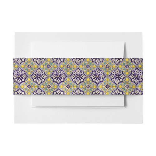 Blue Mediterranean Pattern Yellow Blossoms  Invitation Belly Band