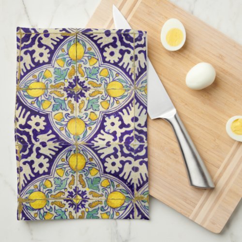 Blue Mediterranean Pattern Yellow Blossoms  Kitchen Towel