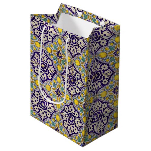 Blue Mediterranean Pattern Yellow Blossoms   Medium Gift Bag