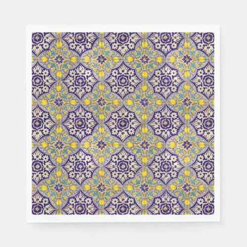 Blue Mediterranean Pattern Yellow Blossoms  Napkins