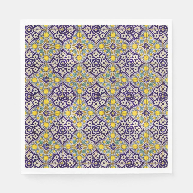 Blue Mediterranean Pattern Yellow Blossoms  Napkins (Front)