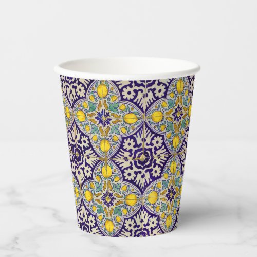 Blue Mediterranean Pattern Yellow Blossoms   Paper Cups