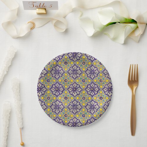 Blue Mediterranean Pattern Yellow Blossoms Paper Plates