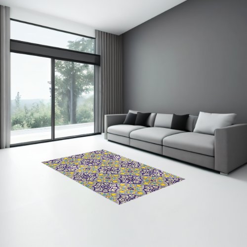 Blue Mediterranean Pattern Yellow Blossoms Rug