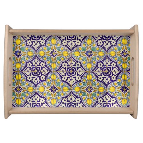 Blue Mediterranean Pattern Yellow Blossoms Serving Tray