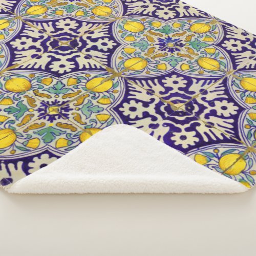 Blue Mediterranean Pattern Yellow Blossoms  Sherpa Blanket
